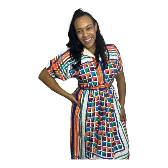 Vintage Dresses & Skirts - Vintage silk colorful A-line midi dress retro chic 80s twee bold graphic mod